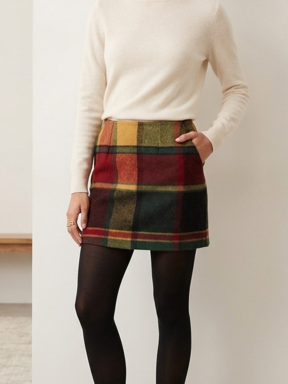 Vintage Korean Plaid Wool Blend Mini Skirt Red, Green & Mustard Yellow size S